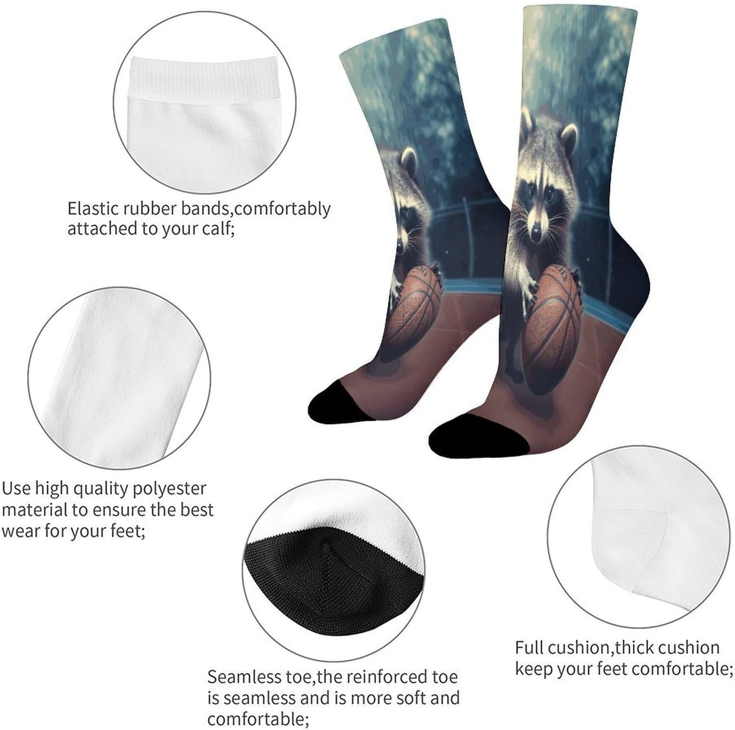 Funny Raccoon Basketball Crew Sock High Stocking Grippy Socks | Socks for Men & Women,Stockings-Long Thin Tube Sports, Breathable Soft Athletic for Nurses,Travel