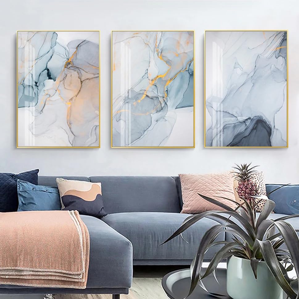 Cuadro abstracto de mármol azul difuminado tríptico en lienzo de 50x70cm decorativo para salón