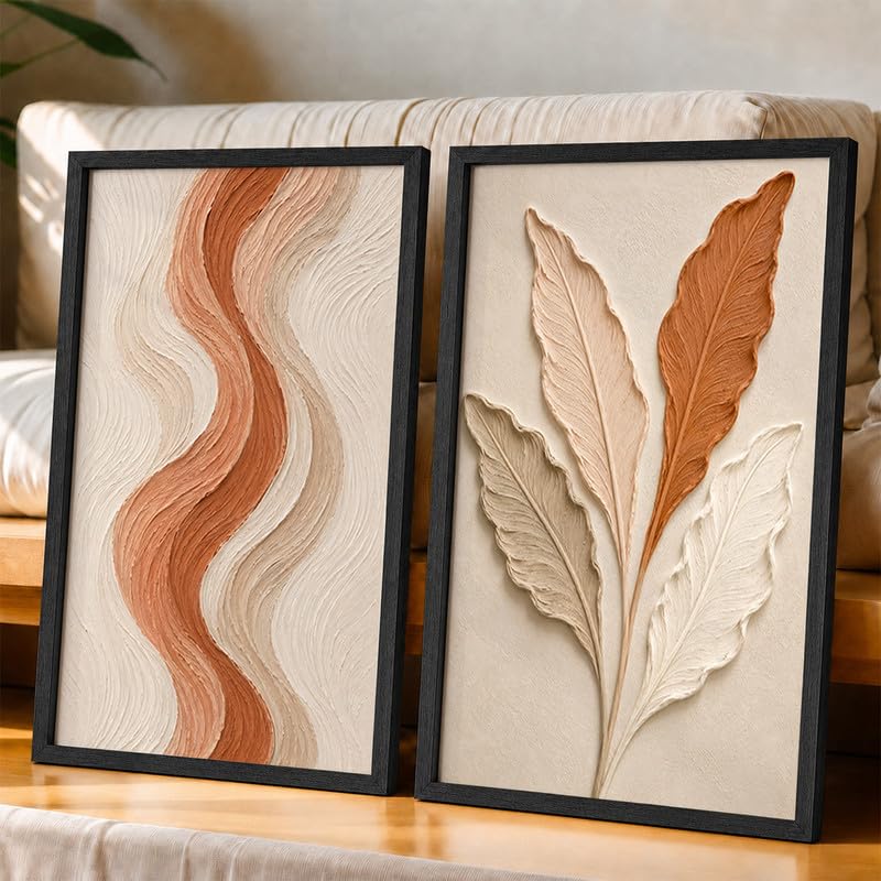 Image of NoWorries Textured Leaf Wall Painting Set of 2 with Frame | Terracotta Beige Abstract Line & Botanical Leaf Artwork, Modern Neutral Nature Wall Decor for Living Room, Bedroom, Office and Home Decoration (Art-12, 25x37inch)