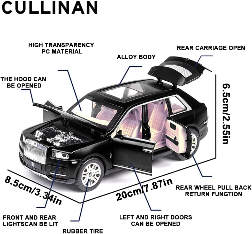 Image of Exquisite car Model 1 /24 Rolls-Royce CULLINAN Model Car,Zinc Alloy Pull Back Toy car with Sound and Light for Kids Boy Girl Gift. (Black)