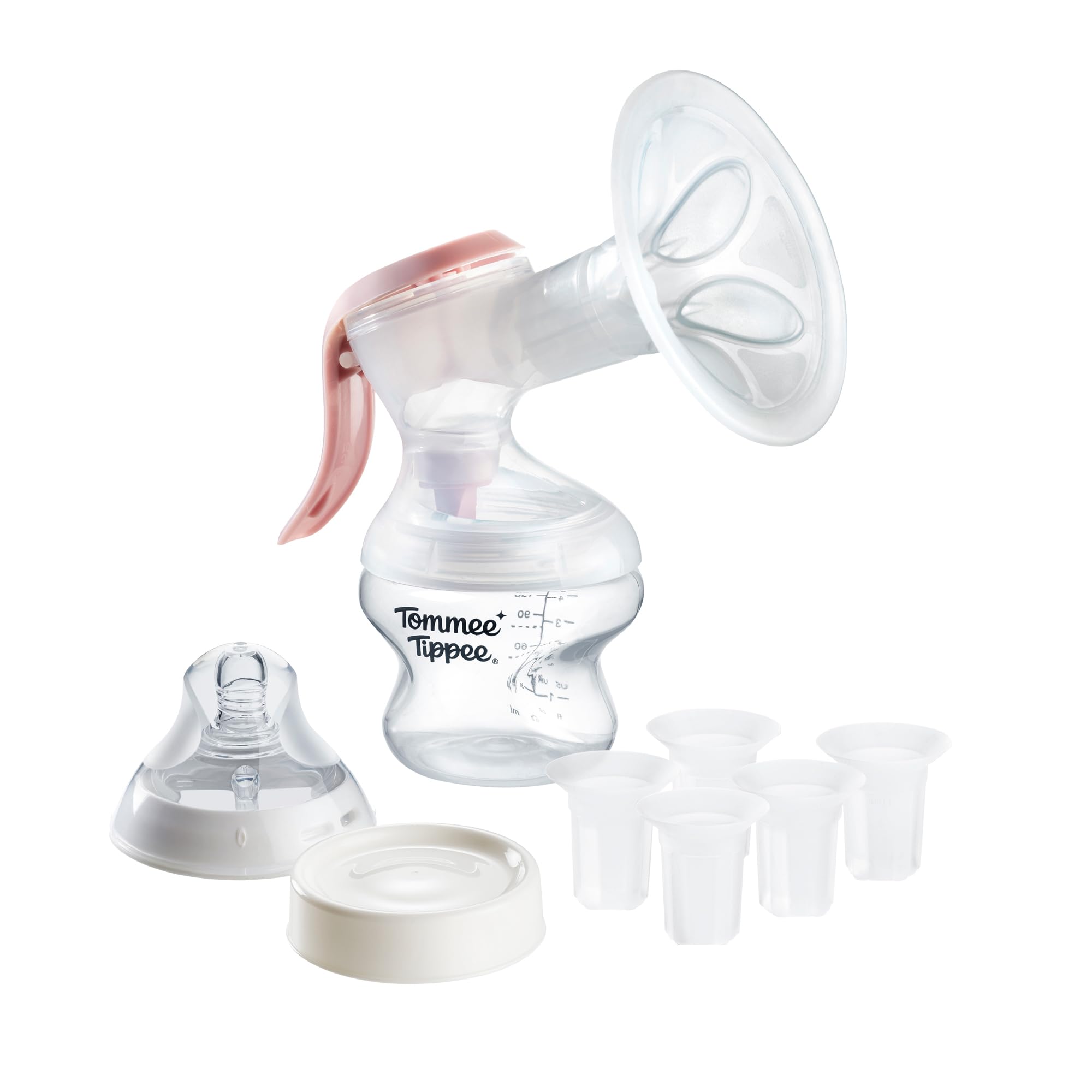 Tommee Tippee Manual Breast Pump, Soft Silicone with Petal Massage Cushion, 24mm Flange + 5 Inserts for Perfect Fit, Gentle Adjustable Suction, Quiet, Lightweight & Travel-Friendly
