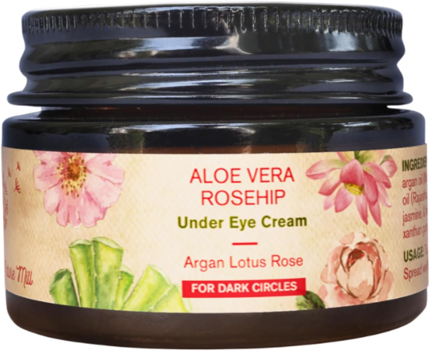Aloe Vera Rosehip Under Eye Cream. All natural cream for dark circles removal. Wrinkles, fine lines, & puffy eyes reducer. Made with aloe vera & cold pressed oils | 20g