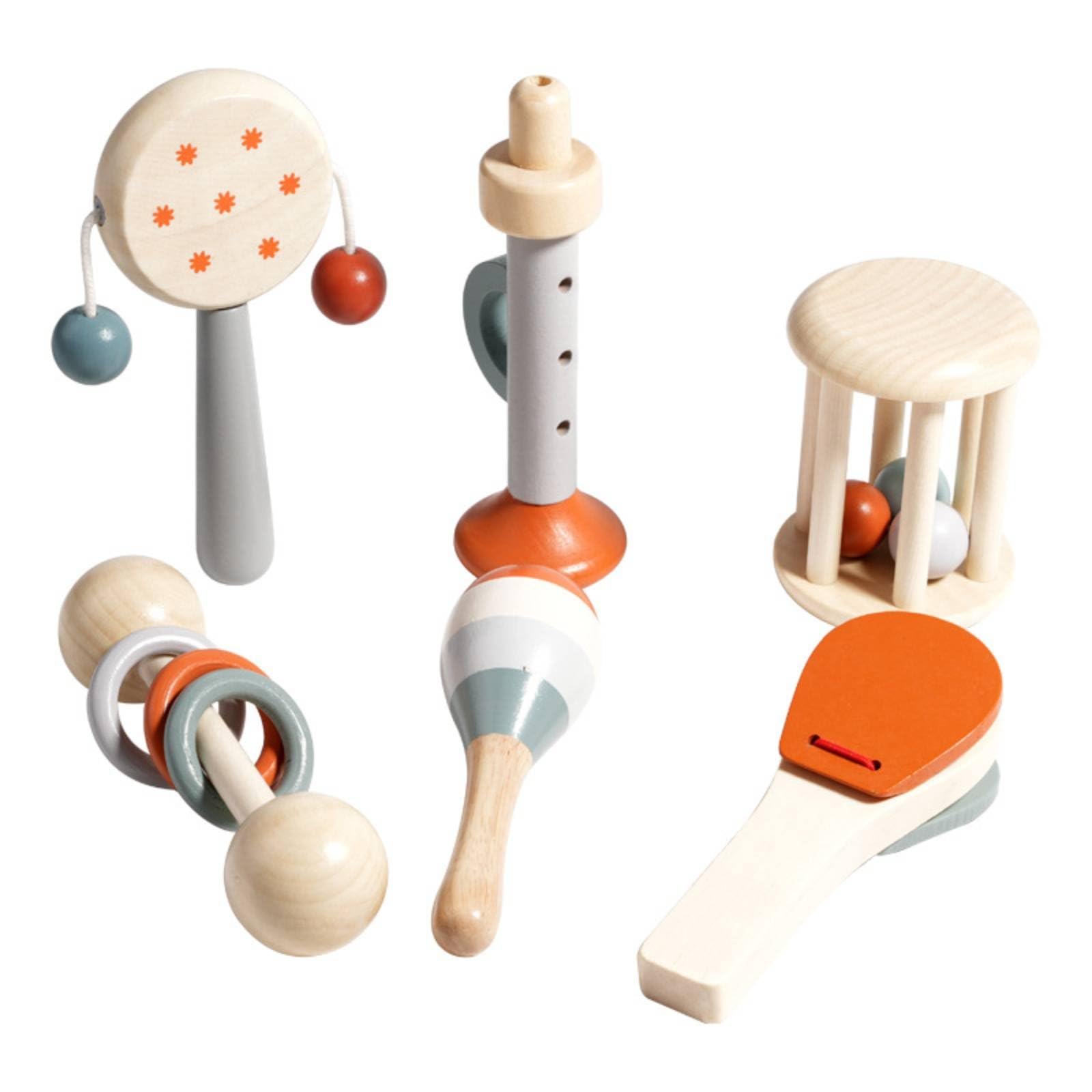 6 Pieces Natural Wood Wooden Developmental Toy Set Hand-Eye Coordination Baby Rattling Toy Set Safe Polished Edges Infant Sensory Rattle Toys for Babies, Infants, Instrument 6-piece|Toys-image-26