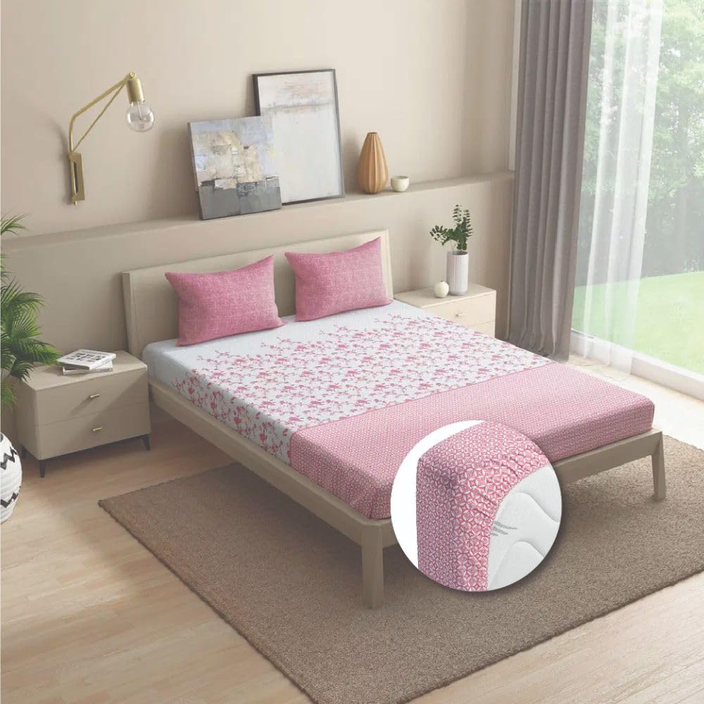 Wakefit Cotton Printed Fitted Bedsheet | 200 TC Elastic Fitted Sheet, Queen Bed Bedsheet with 2 Pillow Covers | Florenza - 72X60 Inches,Multi