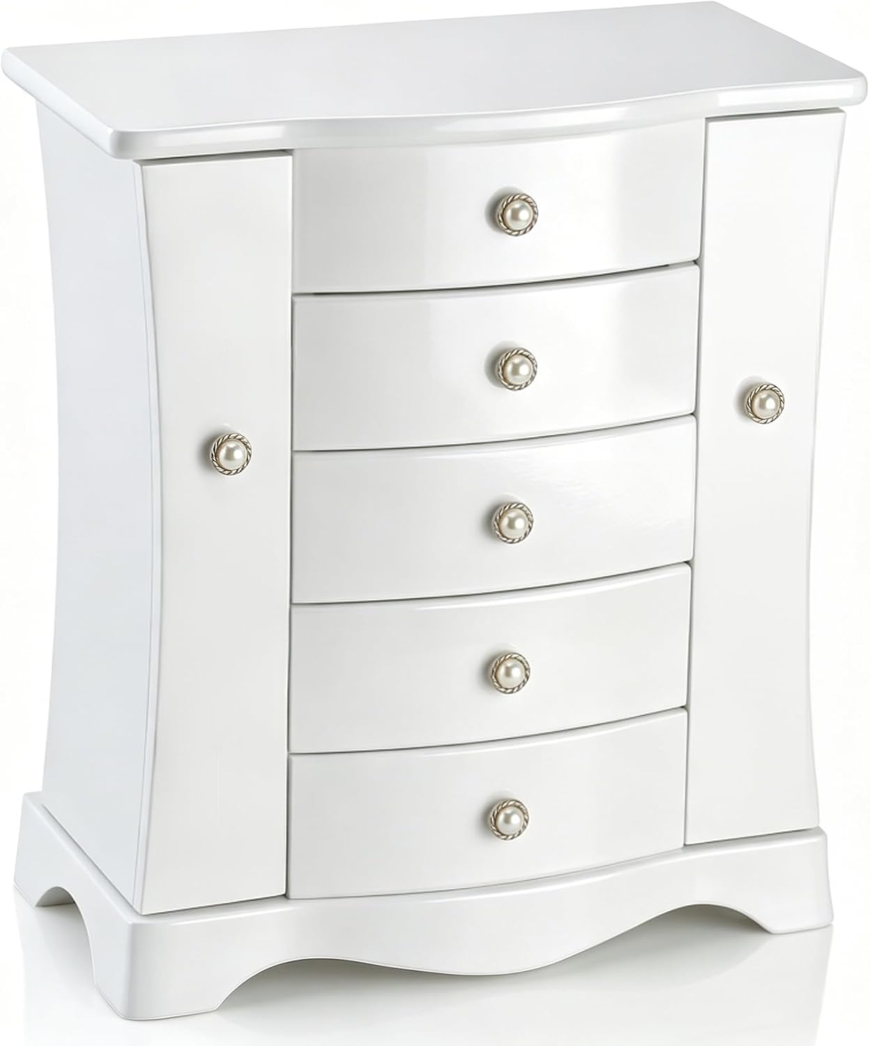 RR ROUND RICH DESIGN Solid Wood Jewelry Box - Large Organizer with 4 Drawers, Built-in Necklace Carousel & Large Mirror, White