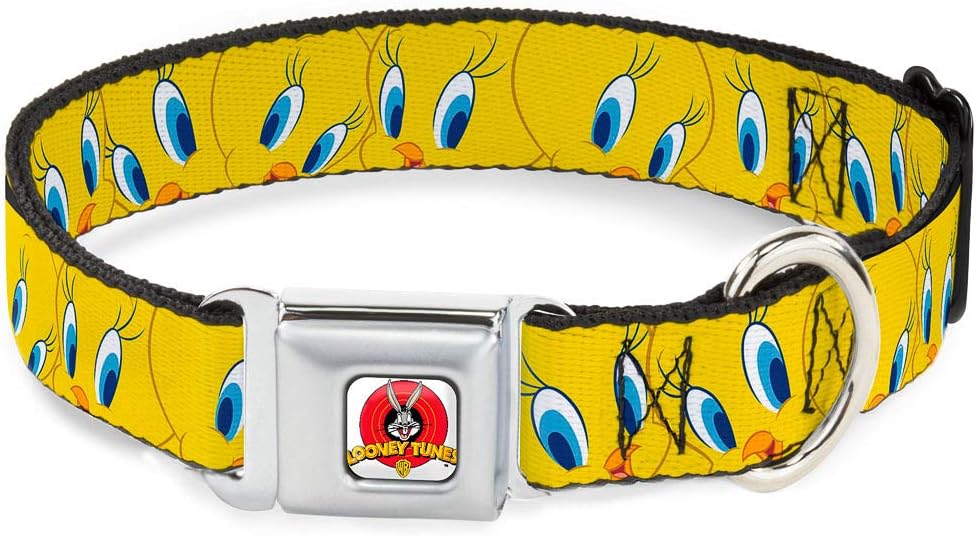 Buckle-Down Seatbelt Buckle Dog Collar - Tweety Bird Expressions Yellow - 1" Wide - Fits 15-26" Neck - Large