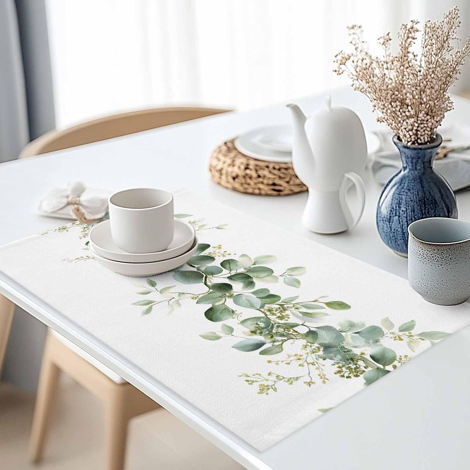 Spring Eucalyptus Leaves Placemats Set of 6, Nature Flower Washable Cotton Linen Table Mats for Kitchen Dining Table, Heat Insulation Place Mats for Indoor Outdoor Parties, Spring Holiday Decorations