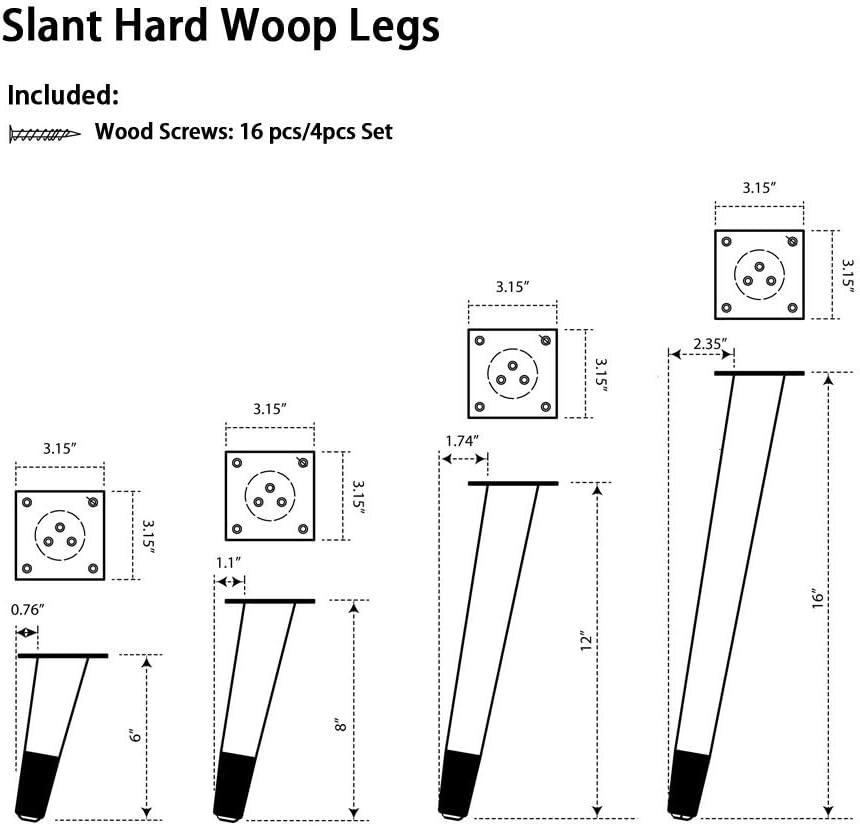 4 Pcs Retro Style Slant Wood Furniture Legs - Sofa, Bench, and Table Legs with Metal Footing (8" H Antique Brass Plated Metal Footing)