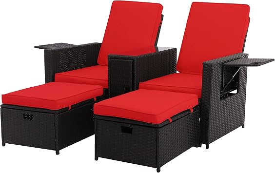 5pcs Patio Wicker Loveseat - Outdoor Rattan Sofa Set with Cushion - Adjustable Lounge Chair with Ottoman Footrest, Wicker Furniture for Garden, Patio, Balcony, Beach, Coffee Bar, Deck