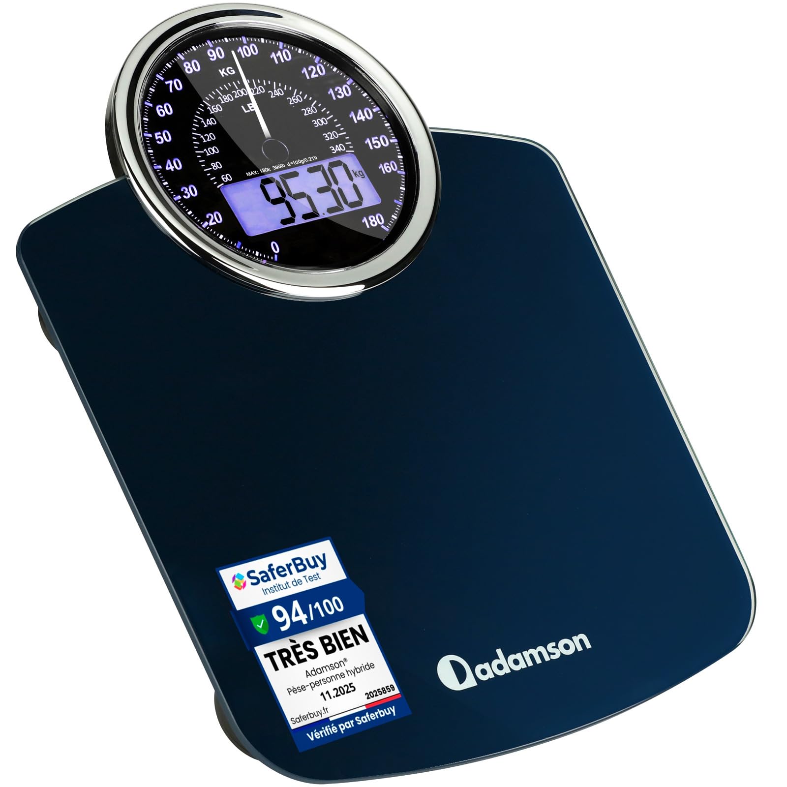 Hybrid Pèse-Personne - Analogique & Digital, Précis jusqu'à 180 kg | Lisez votre poids sur cadran analogique et LCD en même temps. Large plateau, 3 piles AAA incluses, prêt à l'emploi.