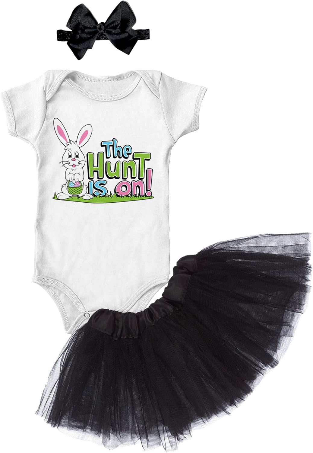 The Hunt Is On - Bunny Rabbit Easter Eggs Baby Bodysuit + Tutu Skirt + Bow Headband Set