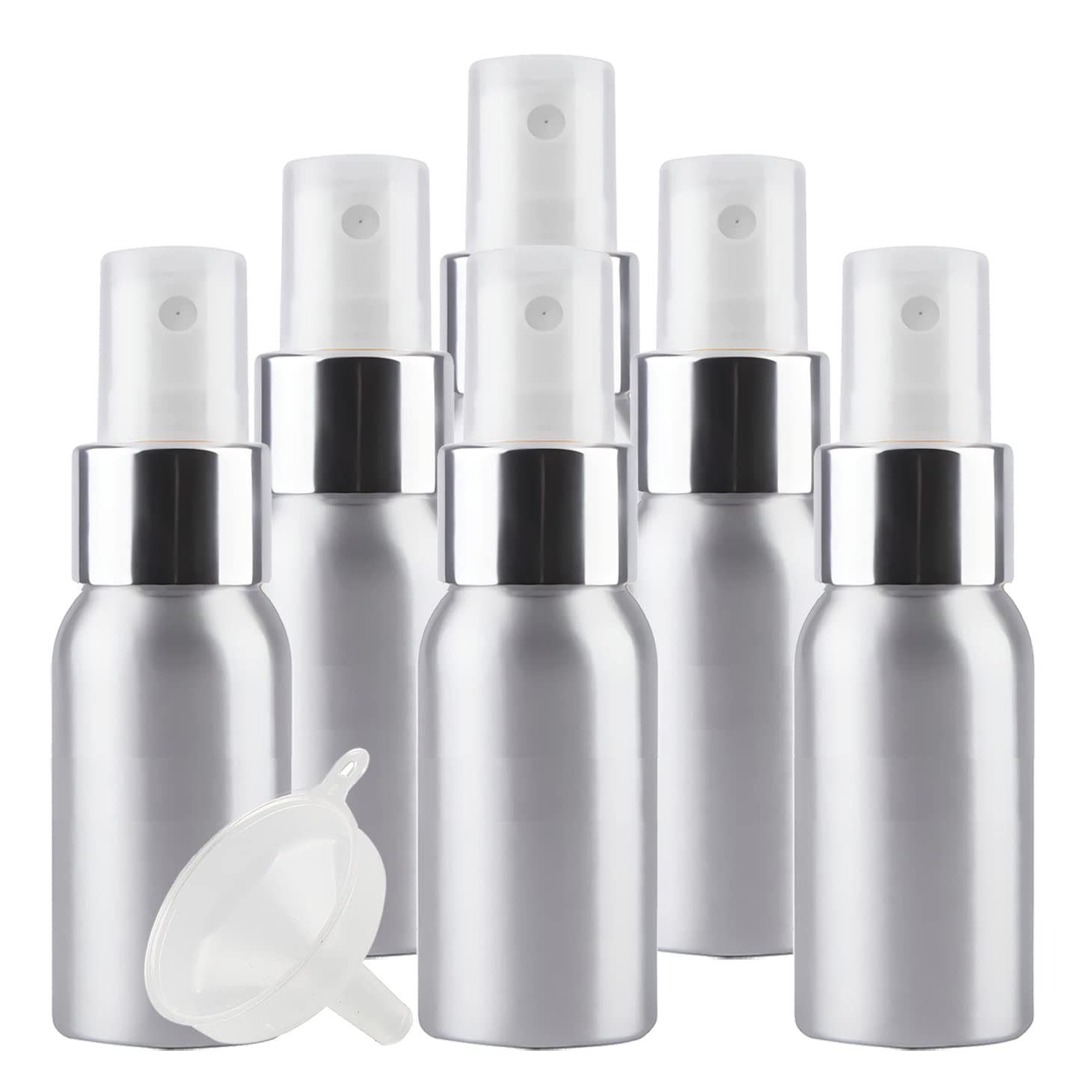 24 Pezzi 30 ml Bottiglie Spray Argento Vuote in Alluminio con Pompa Argento/Bianco Fine Nebbia Flacone Spray per Cosmetica Acqua Profumo da Viaggio Riempibile, Imbuto