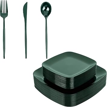 PULOTE 210PCS أطباق بلاستيكية مربعة خضراء يمكن التخلص منها مع فضيات بلاستيكية خضراء - تتضمن 30 طبق عشاء، 30 طبق حلوى، 50 سكين، 50 شوكة، 50 ملعقة للحفلات والزفاف وعيد الميلاد