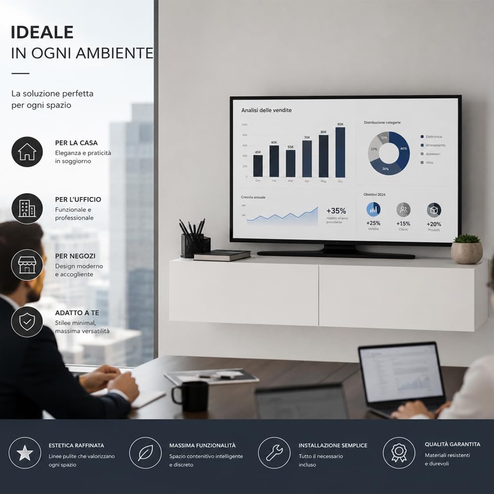 Shally Dogan Mobile Porta Tv Sospeso Design Moderno, Mobiletto da Parete per Soggiorno con Doppio Cassetto, Struttura Resistente, Ideale per Casa e Ufficio, 135 x 31.5 x 25 cm (Bianco)