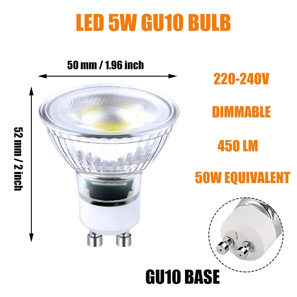 Lampadine Led Gu10 Dimmerabili, Faretto, 6000K Biancodo, 5W, 450Lm, Angolo Del Fascio Di 120 Gradi, Equivalente a Faretto Alogeno da 50W, Lampadine Led, Dimmerabili, Confezida 10 (Biancodo 6