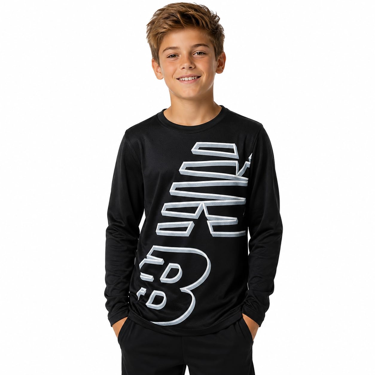New Balance Boys' T-Shirt - Thermal Waffle Knit Long Sleeve Shirt (Size: 4-20), Size 14/16, Black