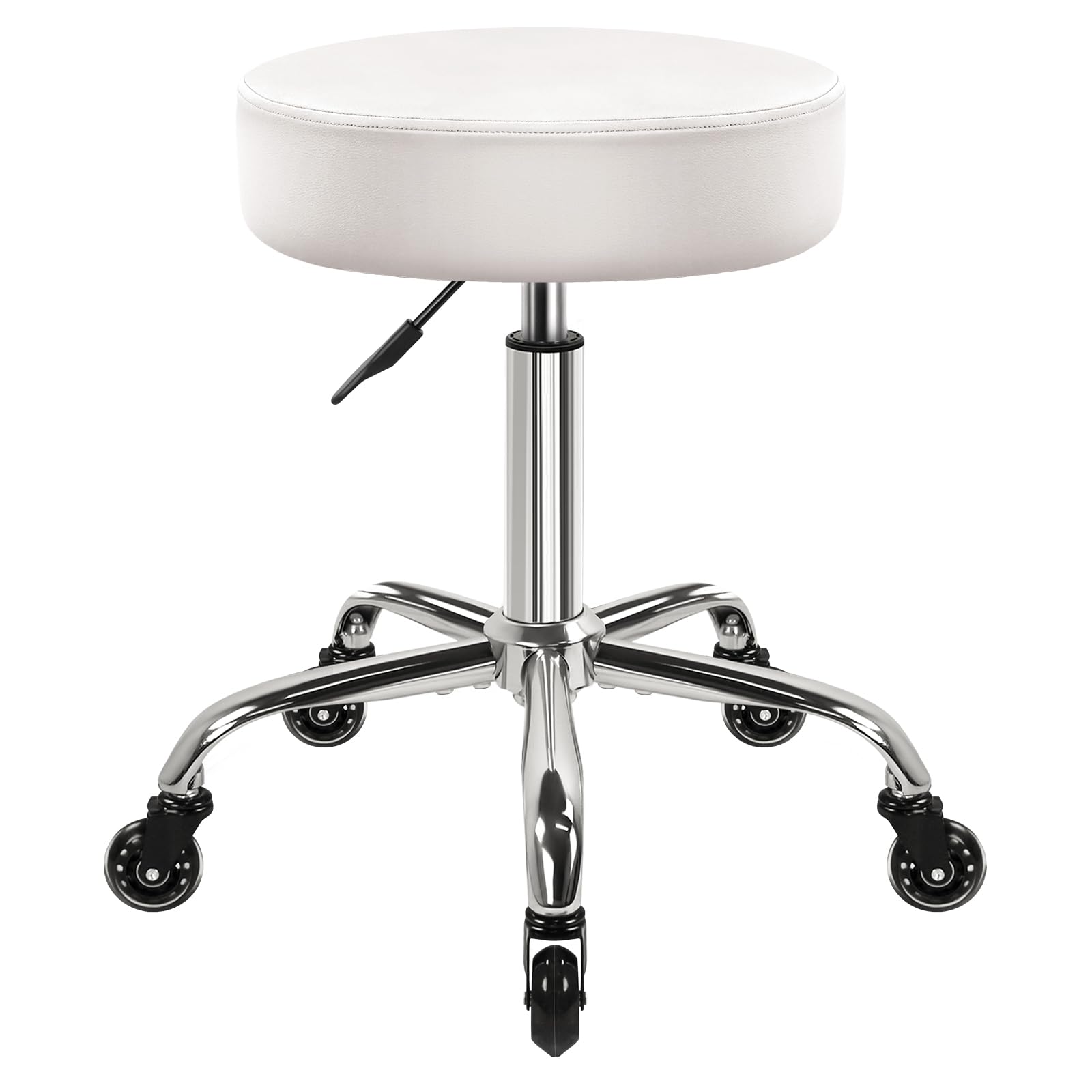 WKWKER Heavy Duty Beauty Stool On Wheels Swivel Adjustable Thick Leather Seat Chair For Kitchen Drafting Lab Office Massage Stool White