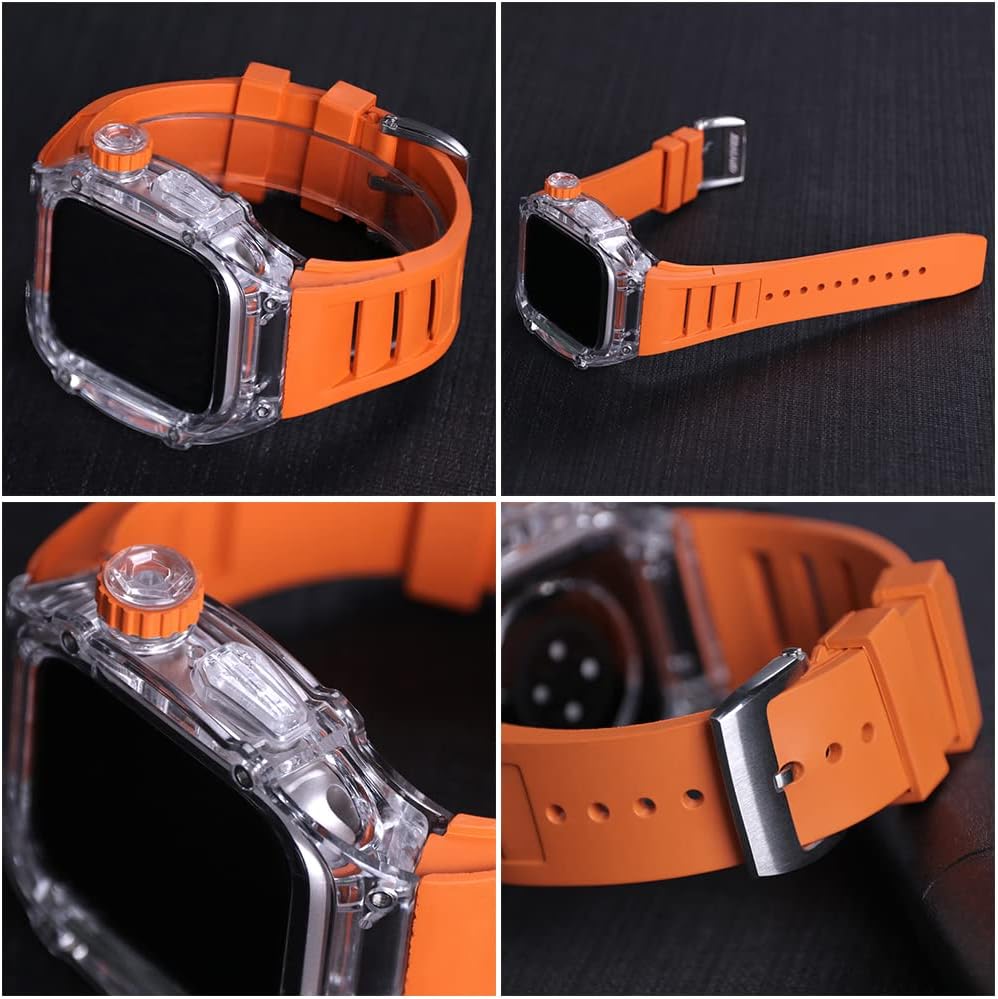 Transparent Watch Case Fluorine Rubber Strap Mod Kits，For Apple Watch 44MM 45MM Series 9 8 7 6 5 4 SE Upgrade Replace Sports Watch Strap