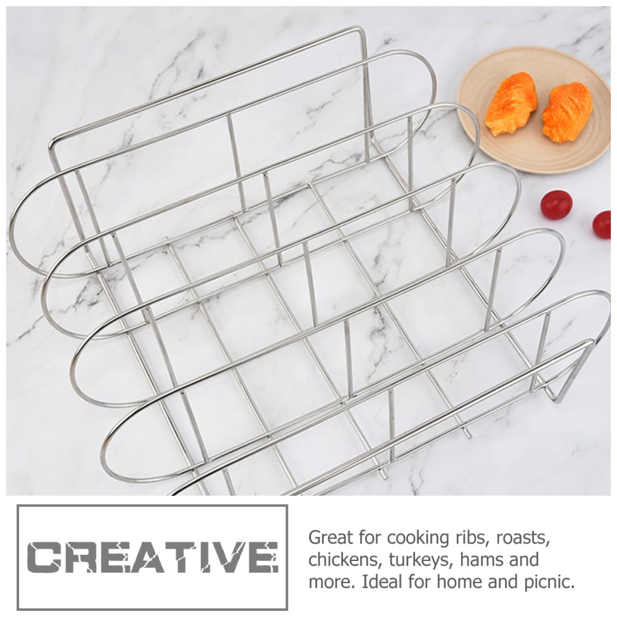 Supporto per Costine BBQ in Acciaio Inossidabile Argento Design Ergonomico e Facile da Pulire, per Casa e Picnic, Accessorio per Grigliare Pollo e Costolette