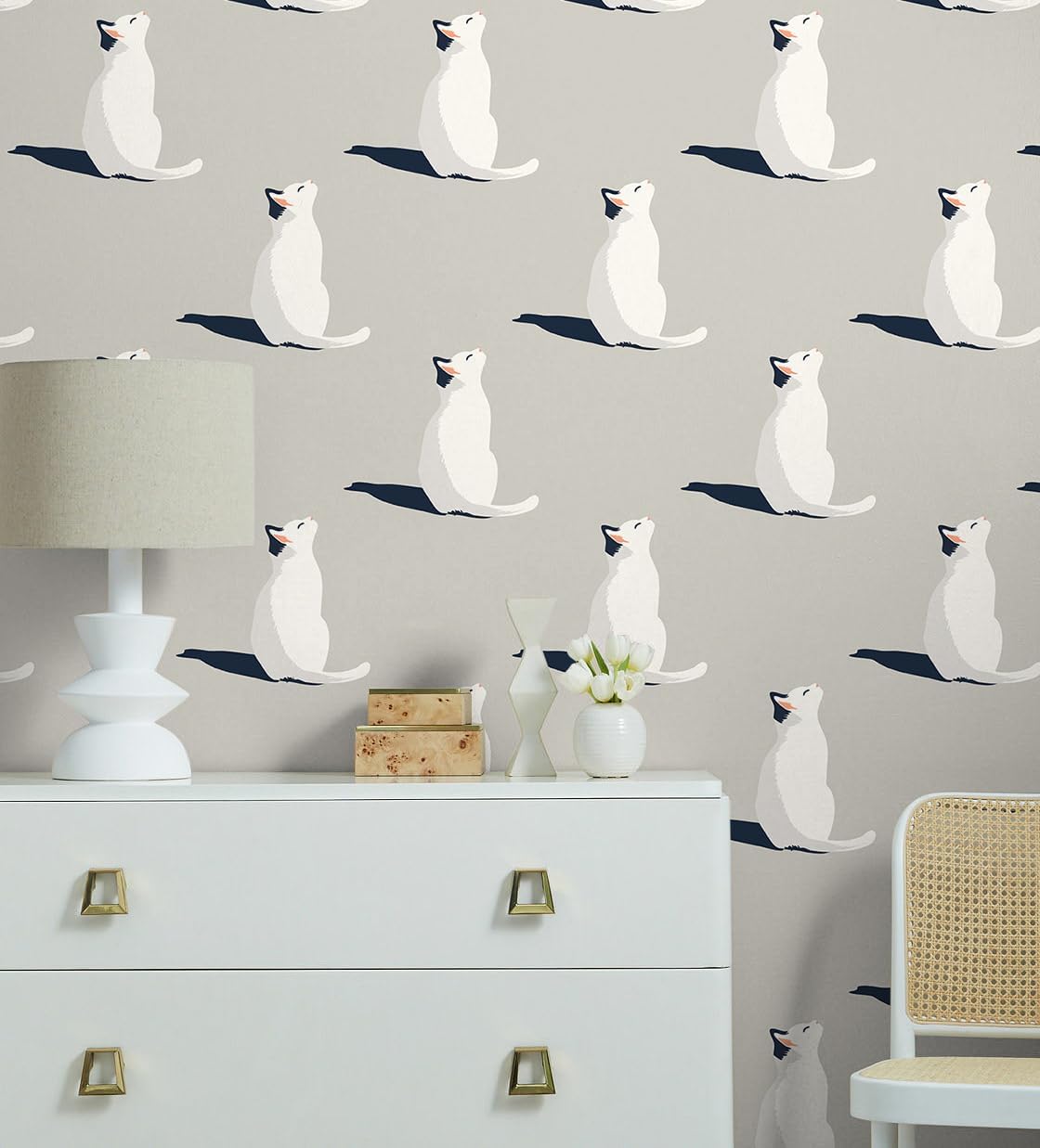 HAOKHOME Cat Peel and Stick Wallpaper Removable Renter Friendly Wall Paper Gray/White/Navy Self Adhesive Contact Paper for Bedroom Nursery Bathroom 17.3in x 9.8ft