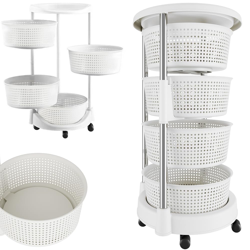 BAKAJI Carrello da Cucina portafrutta con cestelli apribili, Carrellino Portaoggetti Salvaspazio con 4 Ruote Girevoli, Struttura Acciaio e Cesti in plastica, Ideale Cucina, Bagno, (4 Ripiani)
