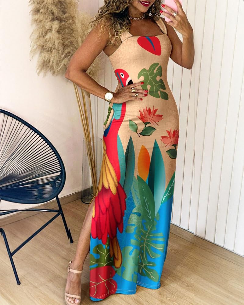 CHICME Women's Summer Maxi Dress Casual Thick Strap Square Neck Boho Sundress Split Vacation Dresses with Pockets - Image 3