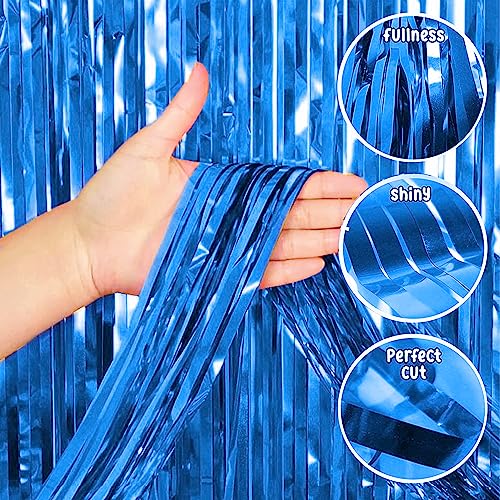 Image of Just Party Set of 60 Pcs - 15 Blue 15 Silver & 15 Black Metallic Balloons, Blue Happy Birthday Banner, 2 Blue Curtains Theme Backdrop