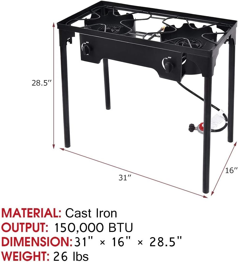 Renatone Outdoor Stove, Two Burner Camp Stove, 150,000BTU Portable Propane Gas Cooker w/Detachable Legs, Ideal for Camping Picnic Home Cooking