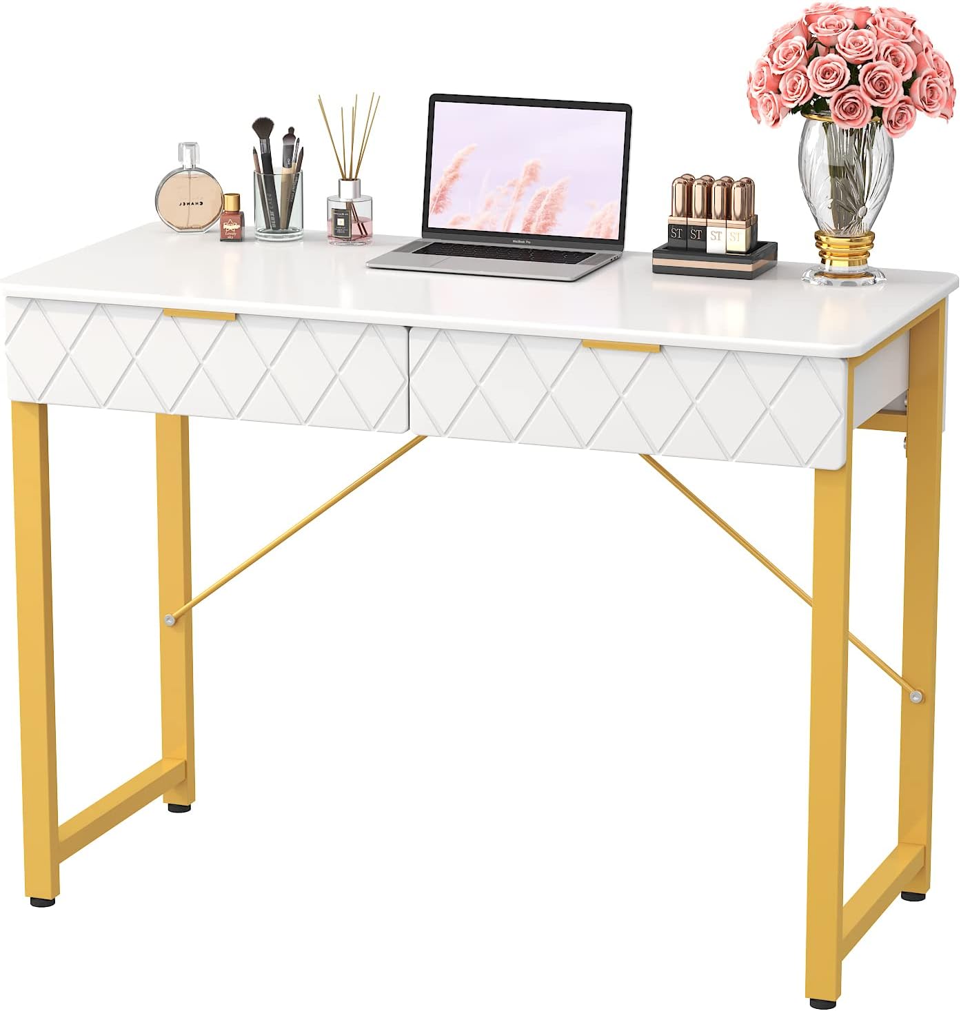 WESTREE Modern Makeup Vanity Desk with Glossy Desktop,Bedroom Home Office Writing Desk with Drawers, Storage Shelf, Gold Metal Frame for Dressing Table Without Mirror 39.5 inchs White