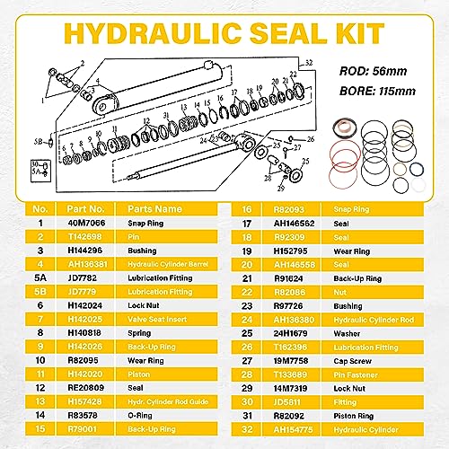 Image of Hydraulic Seal Kit Fit for JD 310D 315D 410D Backhoe Boom Cylinder (Rod: 56mm BORE: 115mm)