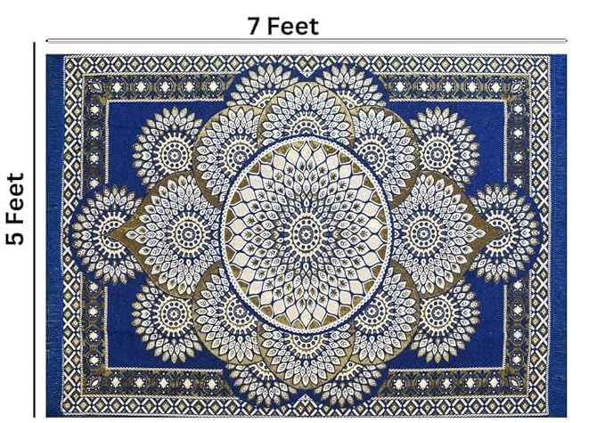 Image of Traditional Cotton Carpet 5x7 Feet Soft & Superfine Velvet Rug for Living Room, Hall & Bedroom | Designer Carpet /Area Rug Dari | Trendy & Durable Kalin Reactangular (Blue)