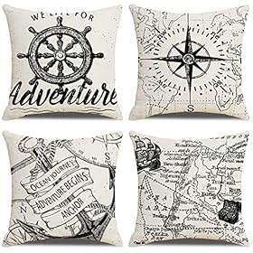 7COLORROOM Set of 4 Nautical Decorative Pillow Covers Navigation Voyage Compass & Anchor Cushion Cover Beach/Ocean Style… 613vpeBKl5L. SS280