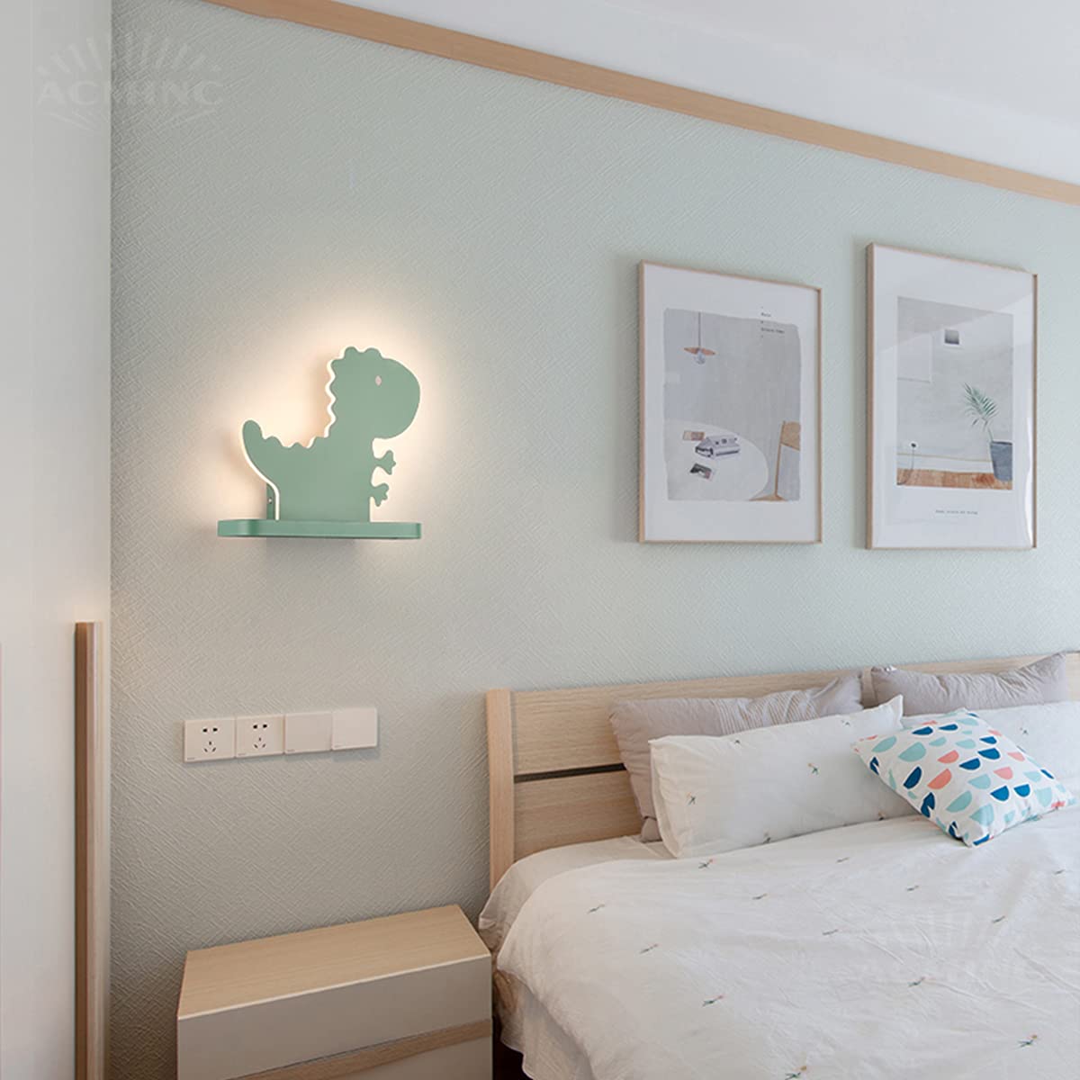 ACMHNC LED Kinder Wandleuchte Grün Dinosaurier Kinderzimmer Wandleuchte, 13W Cartoon Wandlampen Innen Für Junge Mädchen Schlafzimmer Innenbeleuchtung, Warmes Licht 3000K, Metallregal