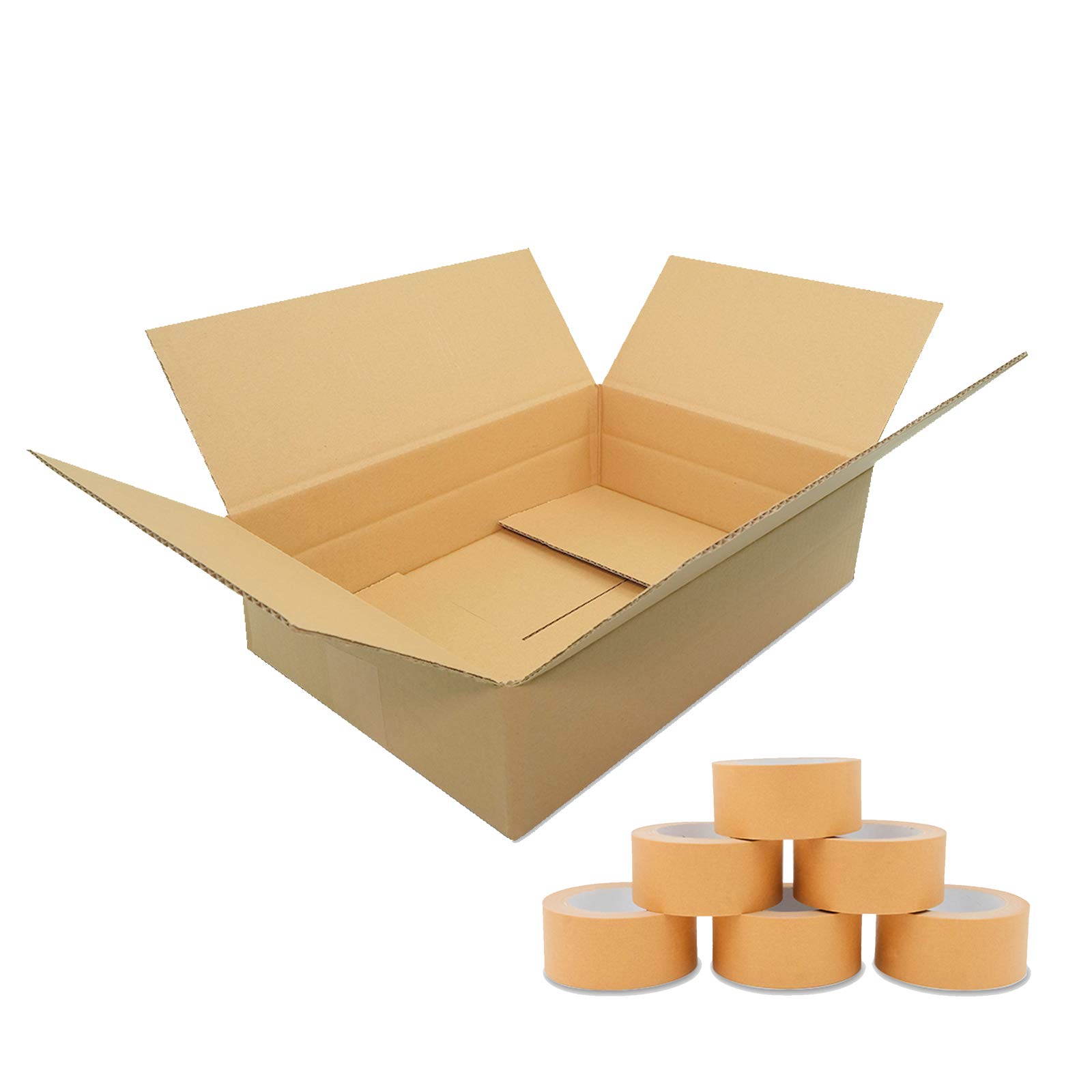 verpacking 100 Faltkartons 350x250x100mm braun | variable Höhe bei 50mm | KK S 1 wellig für DHL Päckchen S mit 6 Rollen Papierklebeband rechteckiger Versandkarton für kleine Waren kleine Kartons