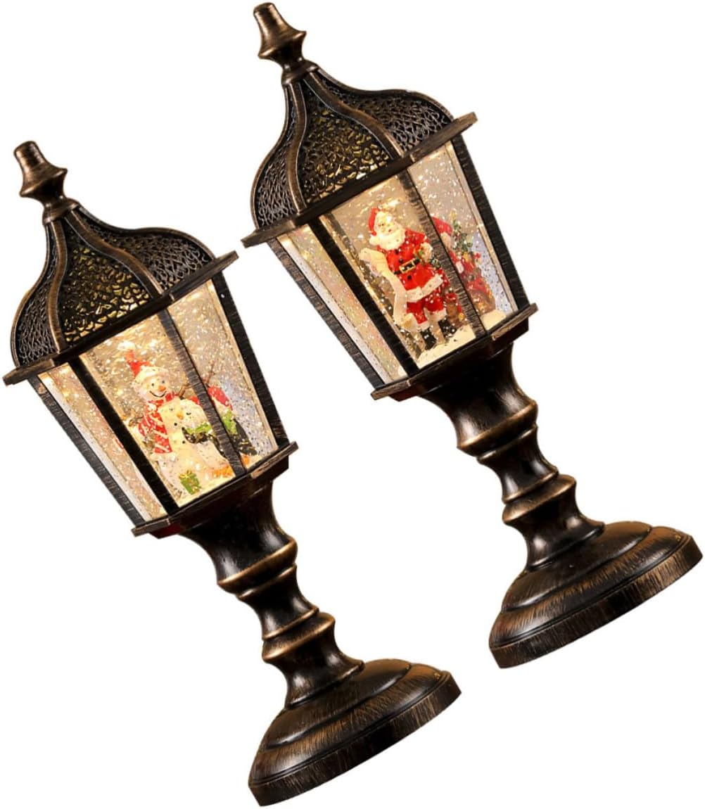 2pcs Musical Snow Globe Lantern Resin Christmas Decorative Light | Waterfilled Pvc and Resin Build, Office Decor, Festive Table Centerpiece