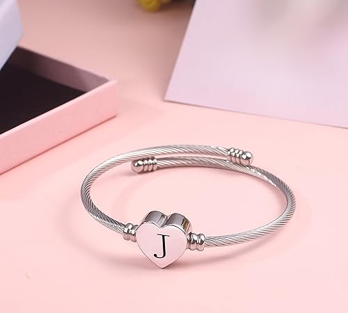 Miniatura 4 de MUERDOU Pulsera con inicial para mujer, pulsera de 26 letras del alfabeto, pulsera con dije de corazón y cable, regalos para ella