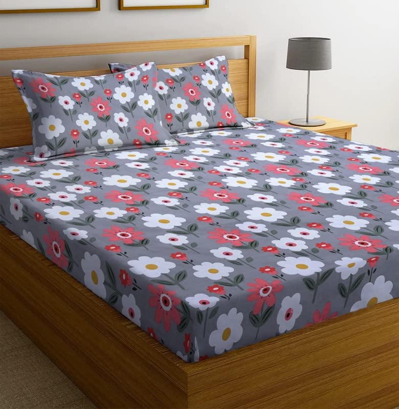 NEW LEAF Premium Glace Cotton Flat Double Bedsheets with 2 Pillow Covers | for Summer AC 220 TC Supersoft |Breathable | Wrinklfree Bed Sheet 90 x 90 Inches, Grey & Pink Flower (B0B2Q563C6) Amazon Price History, Amazon Price Tracker