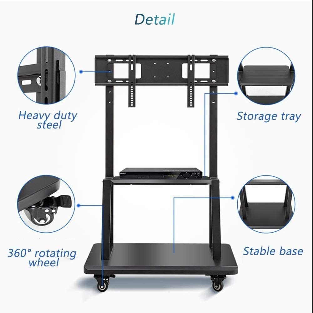 Carrello universale per TV con ruote bloccabili, adatto per TV al plasma a schermo piatto da 32 a 75 pollici, altezza regolabile, robusto supporto mobile per camera da letto, soggiorno, ufficio