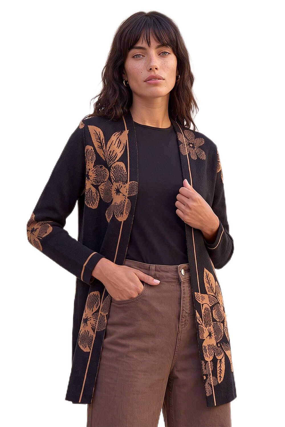 Roman Originals Women's Black Contrast Floral Print Cardigan For Uk - Everyday Autumn Winter Comfy Soft Evening Vacation Work Party Night Out - Size 16