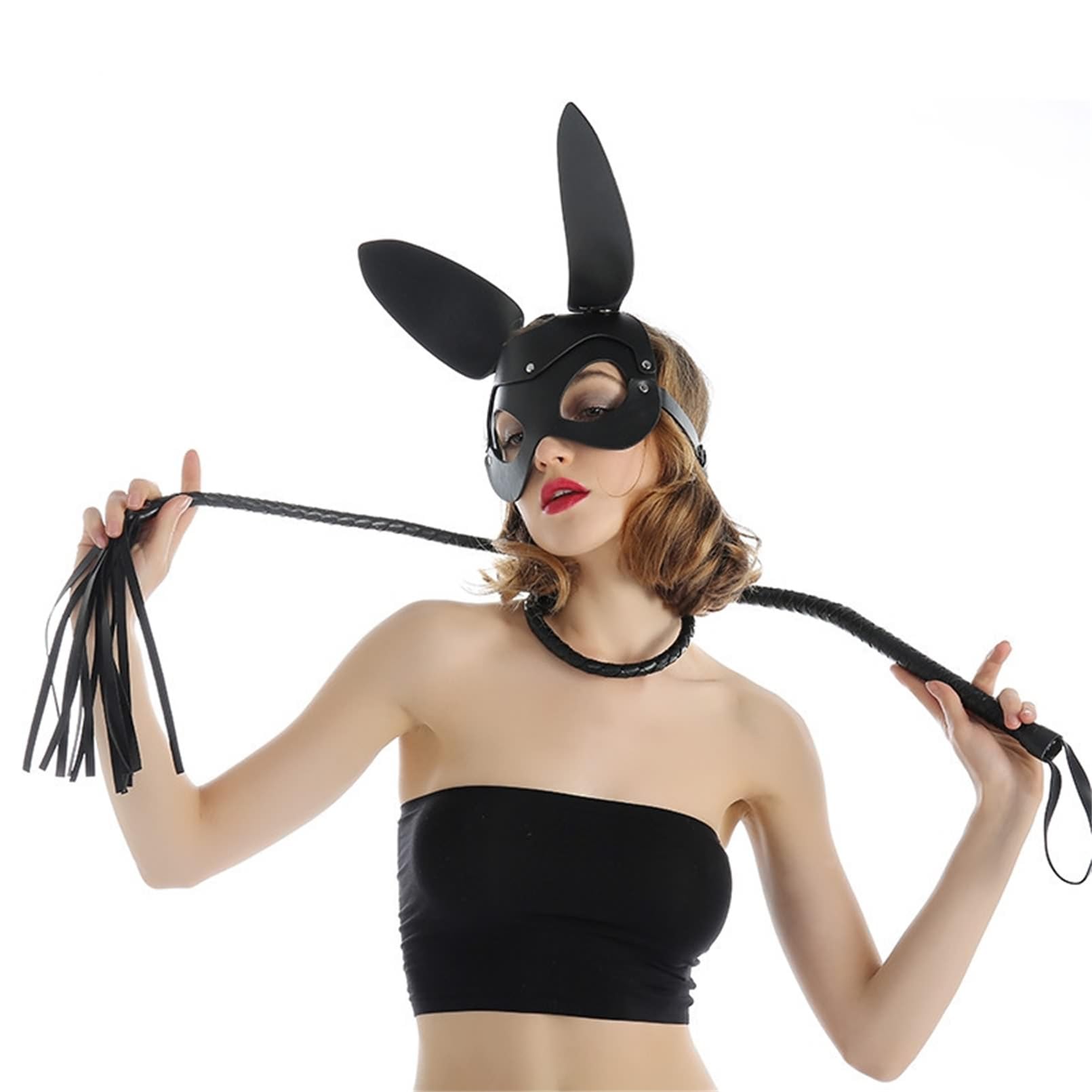 FOCICE Leather Bunny Mask with Ears Half Face Mask for Adults Cosplay Halloween Party Carnival Costume Accessory - Image 3