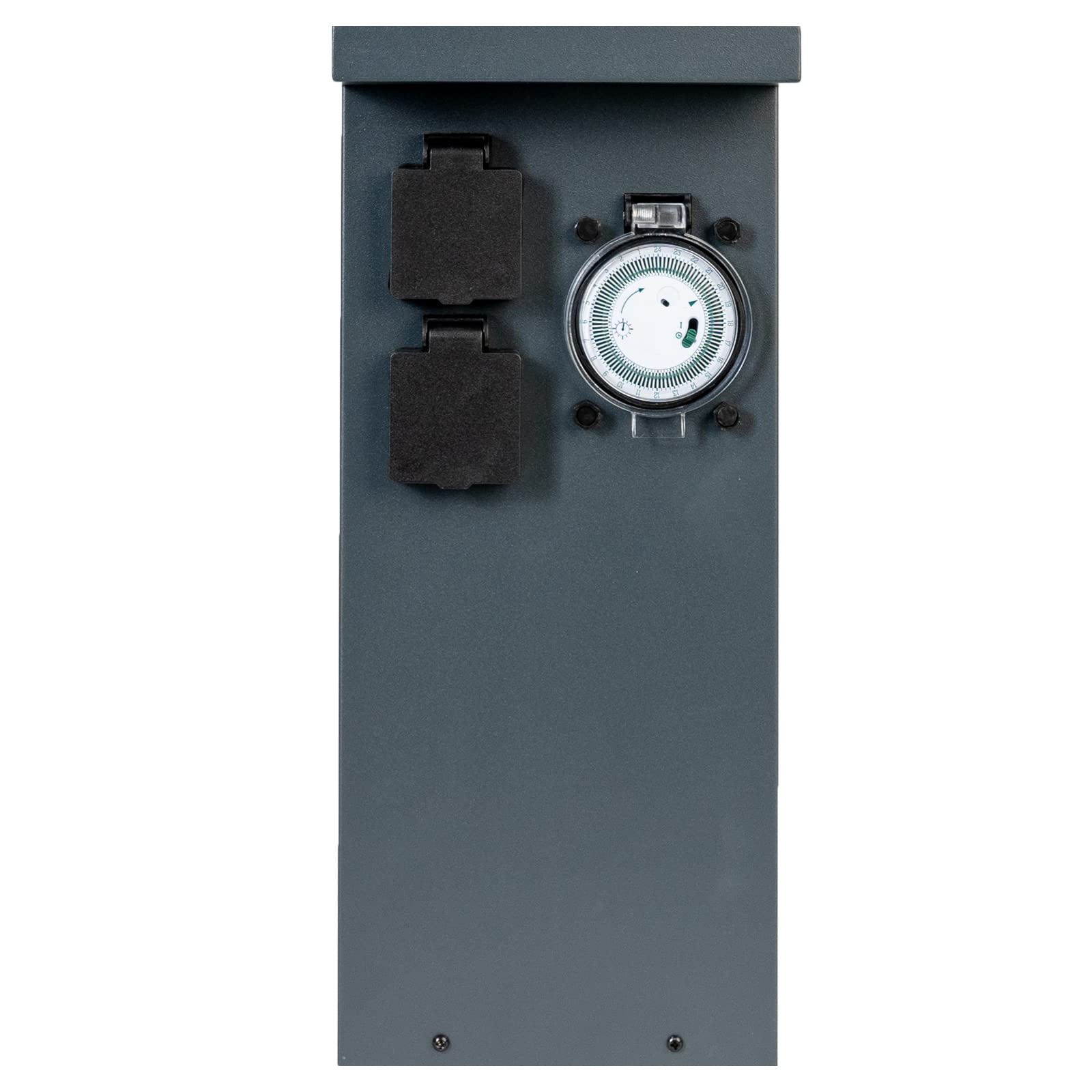 Grafner Edelstahl Design Gartensteckdose mit Zeitschaltuhr 2 Steckdosen, anthrazit, ON/Auto, 3600 Watt, Pulverbeschichtung, Energiesäule Timer Mehrfach Metall Außen Steckdose 2-Fach schwarz lackiert