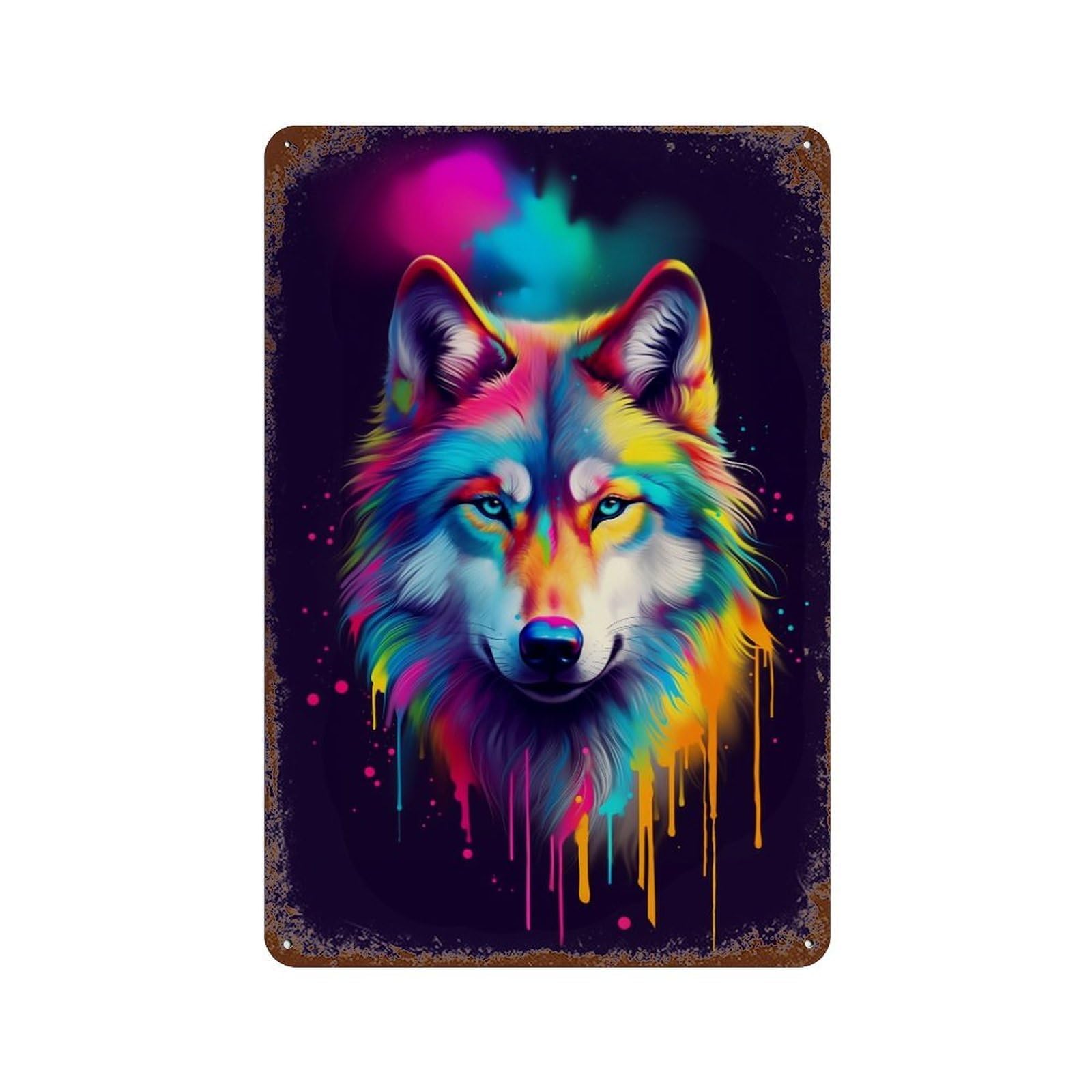Colorful Wolf Art Print-11 11.8"x7.9" Distressed Metal Wall Sign, Shabby Chic Decor for Office, Studio And Wall Decor