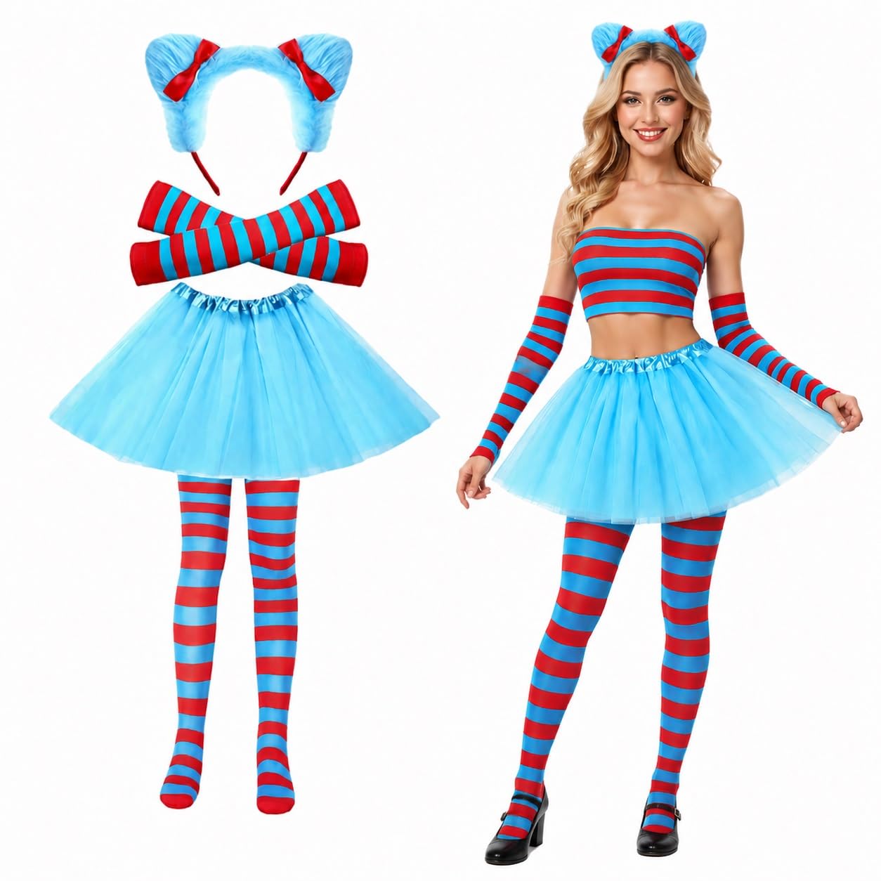 YenMzx 4 Pcs Thing 1 Thing 2 Costume, Blue Tutu Adult, Bluey Costume Adult with Headband, Tutu, Gloves, Socks for Halloween Parties, Cosplay Events, Stage Performances, Themed Gatherings