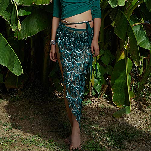 Munafie Hip Scarf For Belly Dance Folk Dance Halloween Costume Tribal Dance Skirt With Sequin Tassel Green #TOP4