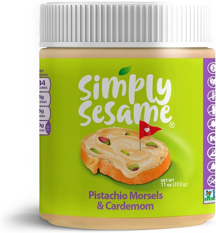 Simply Sesame Butter Spread Classic Line, All Natural, Vegan, Nut Free, Peanut Free, Gluten Free, Dairy Free, Palm-oil Free, Kosher, Paleo, 11 Oz. (Classic Pistachio Morsels & Hint of Cardamom)