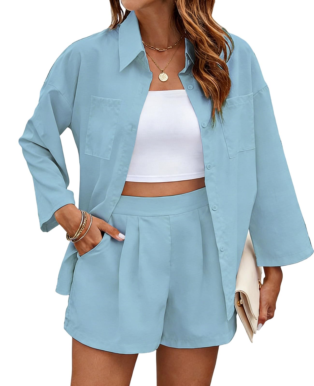 Rayson Completo Donna Casual 2 Pezzi Estivo Camicia a Maniche Corte con Bottoni e Pantaloncini Tuna Donna Abbigliamento Elegante Da Spiaggia Lavoro Vacanza