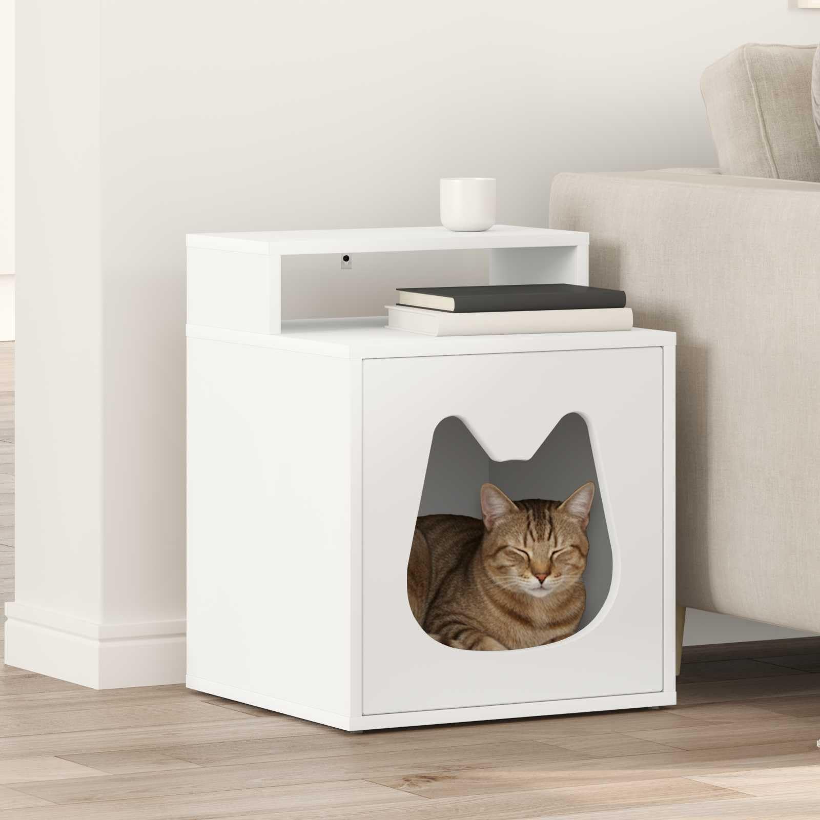 Katzenhaus Weiß aus Holzwerkstoff 42,5 x 40 x 53,5 cm mit Montageset, kratzmöbel und kratzbrett für Wohnzimmer, Klettern und krallenpflege, kompakter spielturm für Katzen