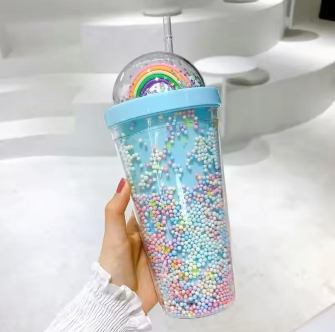 Blue Coral Cartoon Cute Rainbow Cup with Straw Girl Water Bottle Double Plastic BPA Free cute Juice Milk Coffee 550ml Drinking Tumbler (Blue)