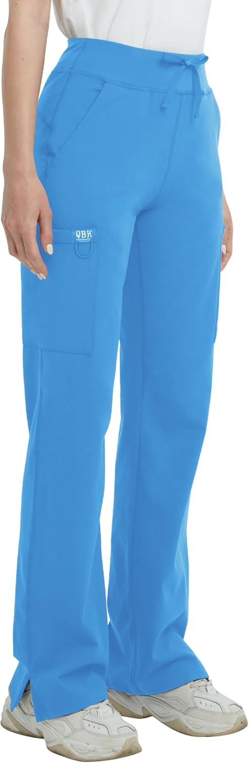 QBK High Rise Yoga Scrub Pants Women - Straight Wide Leg Uniform Pants with Cargo Pocket, Anti-Wrinkle & Knit Yoga Waistband