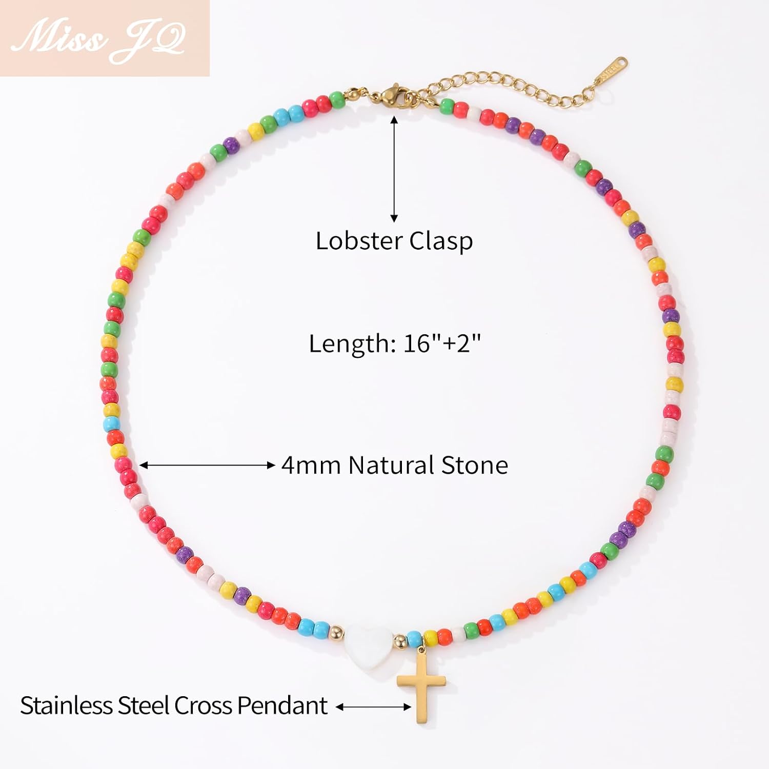 Colorful Beaded Cross Necklace for Women Girls with Pearl Heart Pendant 18K Gold Plated Stainless Steel Cross Adjustable 16+2.5 Inch Chain Perfect for Daily Wear Baptism Communion Christian Religious Gift